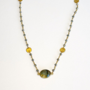 Labradorite Necklace with Polished Pyrite Chain in Gold